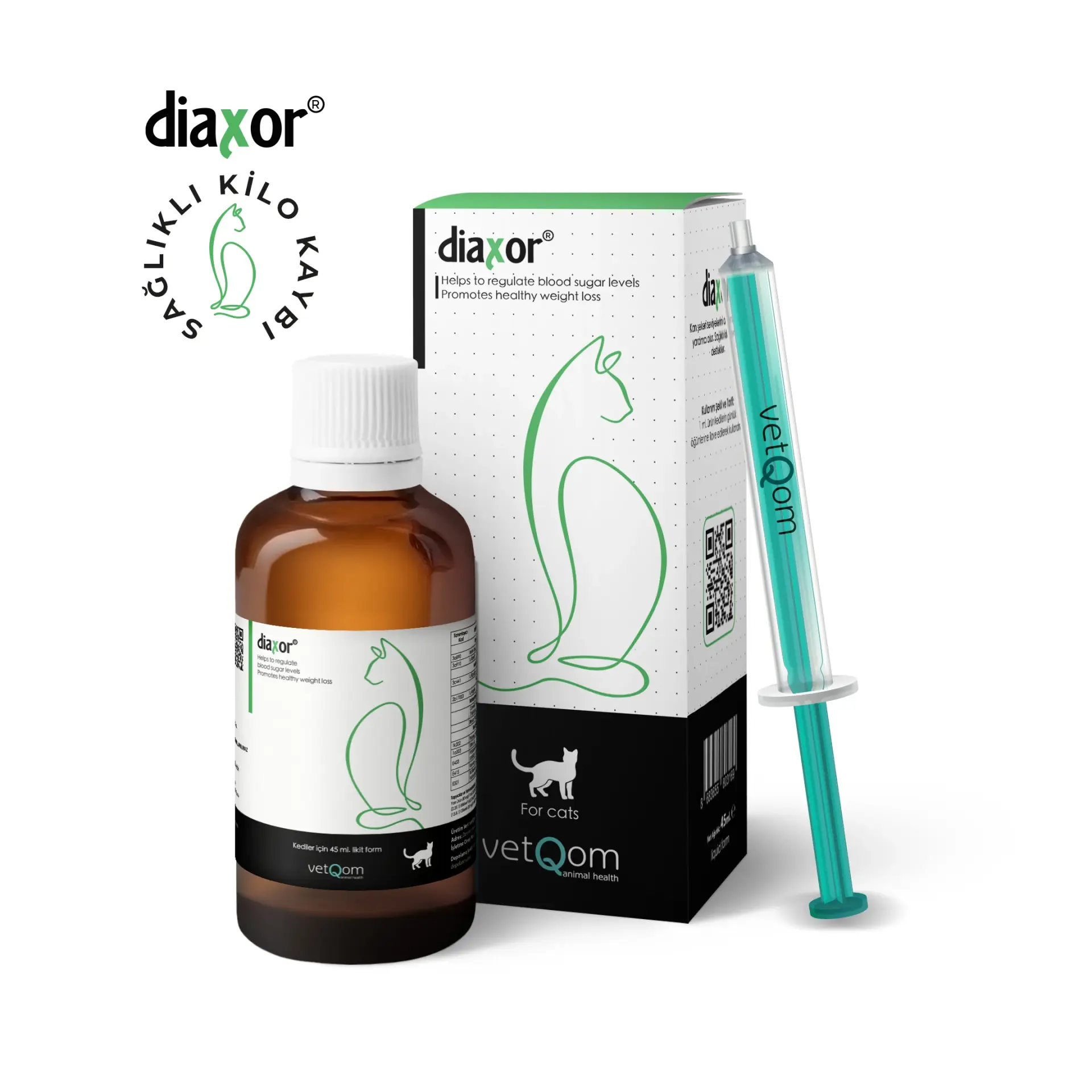 vetQom Diaxor Kedi – Sağlıklı Kilo Kaybı – Glukoz Seviyelerinin Düzenlenmesi – 45ml. (SKT:08.2027)