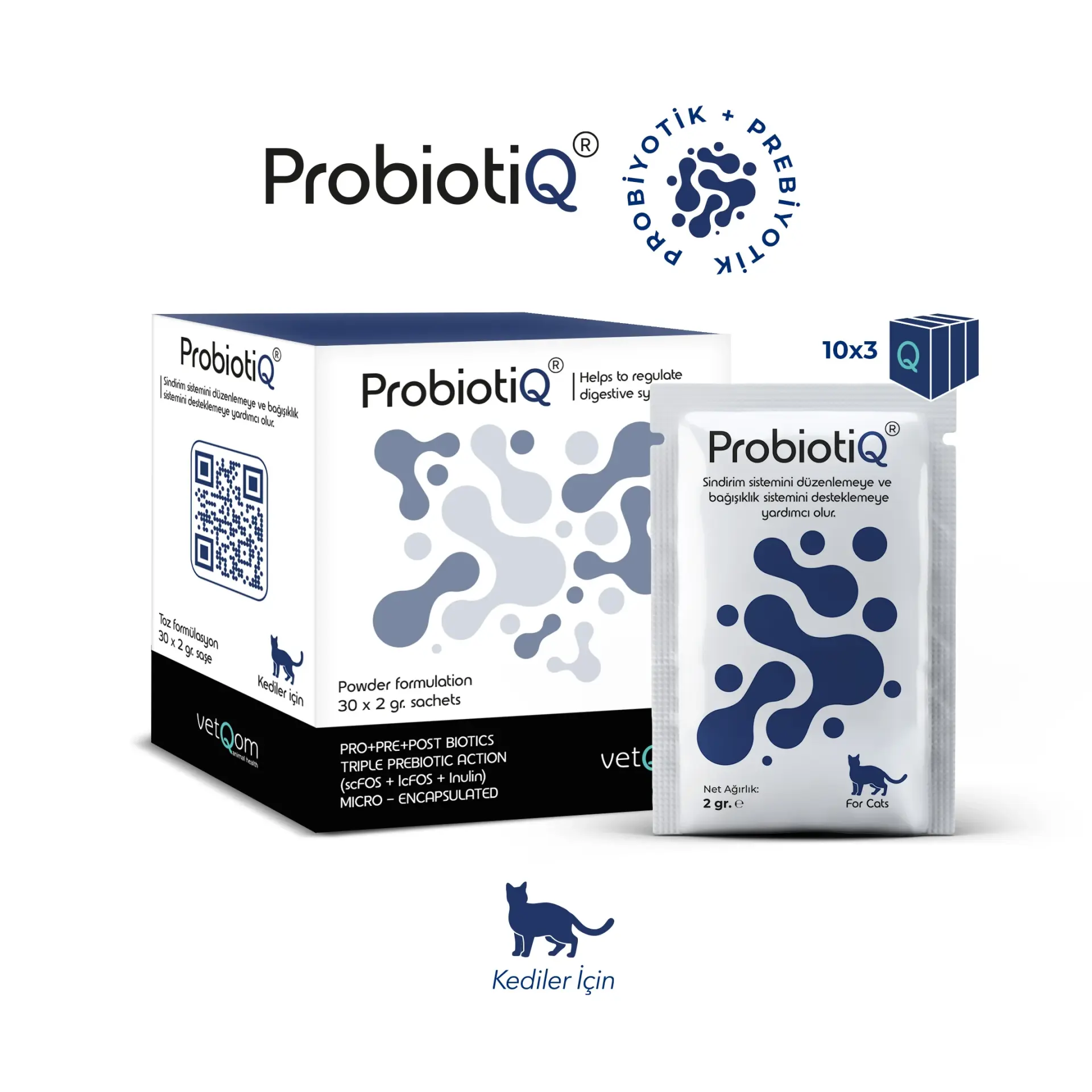 vetQom Kedi ProbiotiQ – Probiyotik + Prebiyotik Kompleks – 30 saşe (SKT:2028)