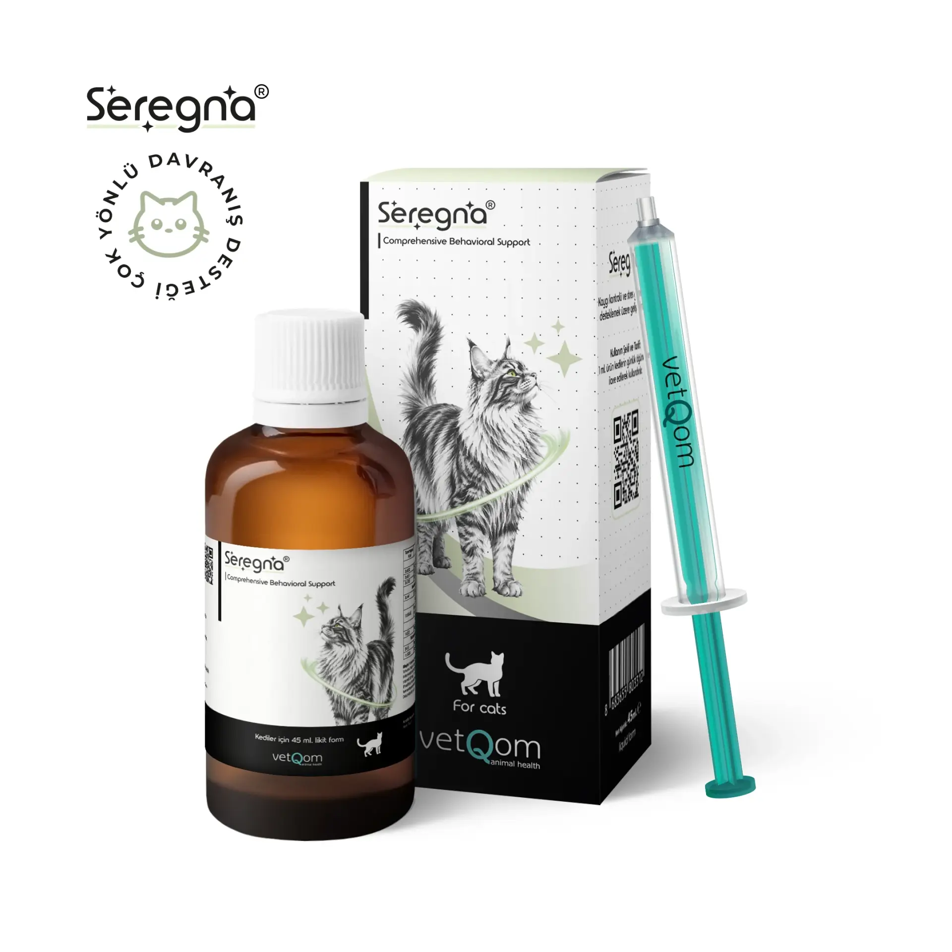 vetQom Seregna Kedi -Calming+ Stres Yönetimi–Kaygı Kontrolü – 45 ml (SKT:2028)